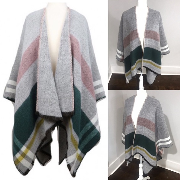 Only 1 Left! Marcus Adler Grey Striped Wrap Ruana - Picture 3 of 8